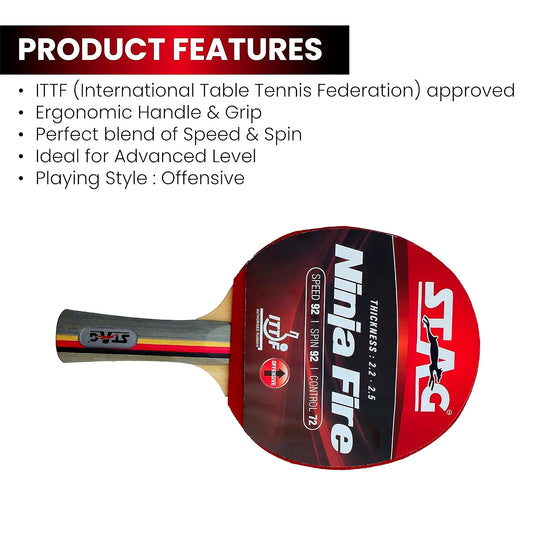 STAG Advanced ITTF Approved Rubber Ninja Fire Table Tennis Racket