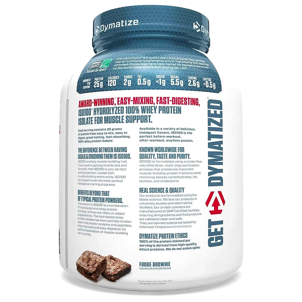 Dymatize ISO 100 5lbs (2.3kg) Hydrolyzed Whey Protein Isolate Powder: Fast-Acting Protein for Lean Muscle Growth (Fudge Brownie Flavor)
